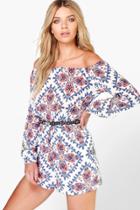 Boohoo Zoe Off The Shoulder Aztec Print Woven Playsuit Multi