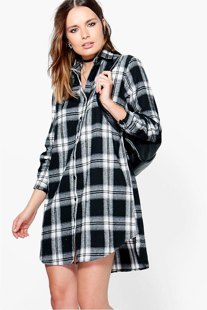 Boohoo Anvi Monochrome Check Dip Back Shirt Dress Black