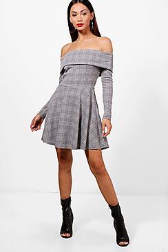 Boohoo Petite Abi Pow Check Off The Shoulder Skater Dress