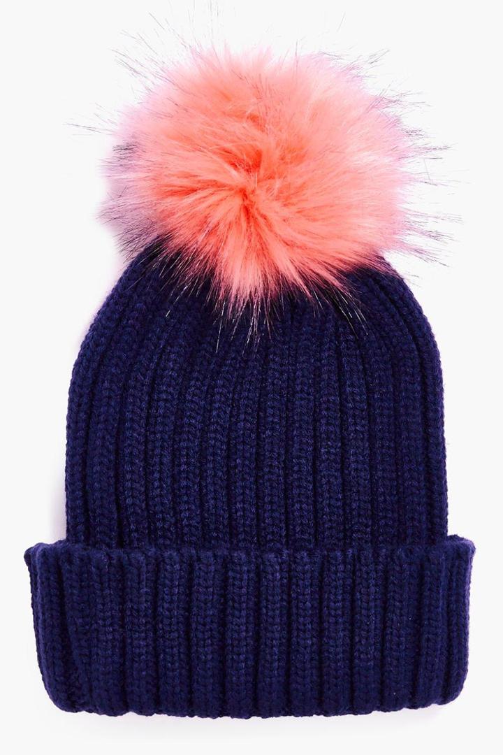 Boohoo Anya Contrast Faux Fur Pom Beanie Hat Navy