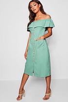 Boohoo Off Shoulder Horn Button Denim Dress