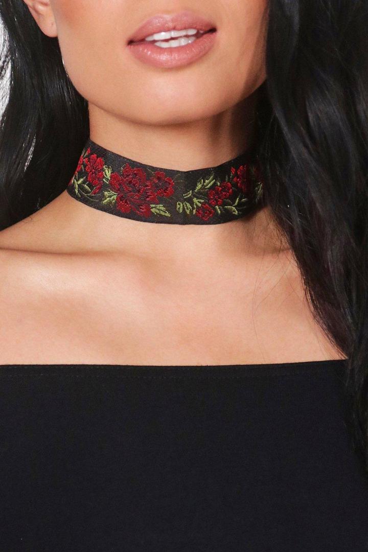 Boohoo Imogen Floral Embroidered Choker Black