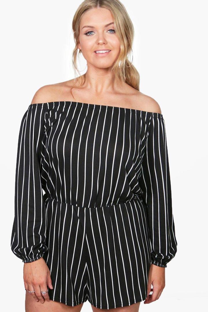 Boohoo Plus Diana Stripe Off The Shoulder Playsuit Black