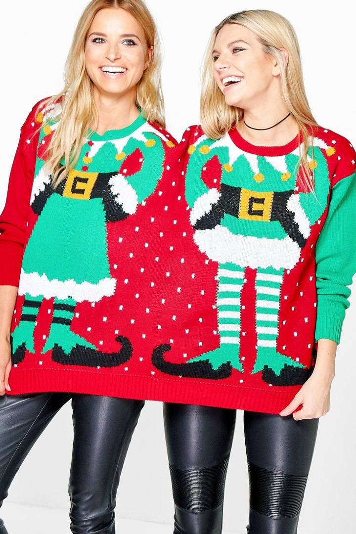 Boohoo Lauren Mr & Mrs Elf Twin Christmas Jumper Multi