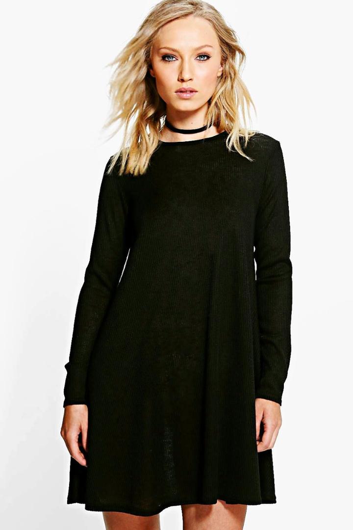 Boohoo Caroline Rib Knit Swing Dress Black