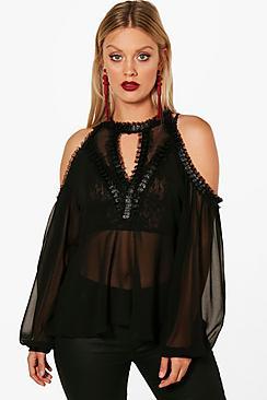 Boohoo Plus Sadie Lace Trim Cold Shoulder Blouse