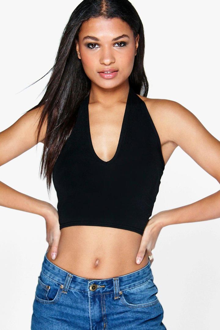 Boohoo Carey Deep Plunge Neck Crop Top Black