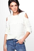 Boohoo Abi Cold Shoulder Fringed Jumper Cream