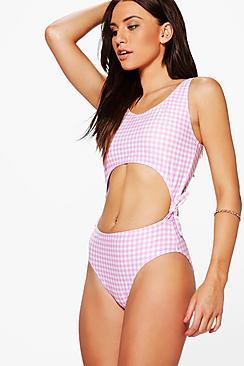 Boohoo Aruba Gingham Cut Out Tie Side Swimsuit