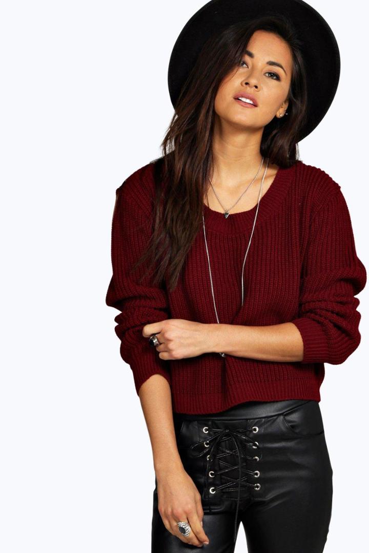 Boohoo Ellie Crop Fisherman Jumper Wine
