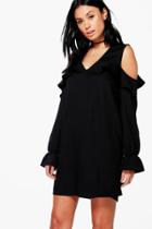 Boohoo Tanya Cold Shoulder V Neck Shift Dress Black
