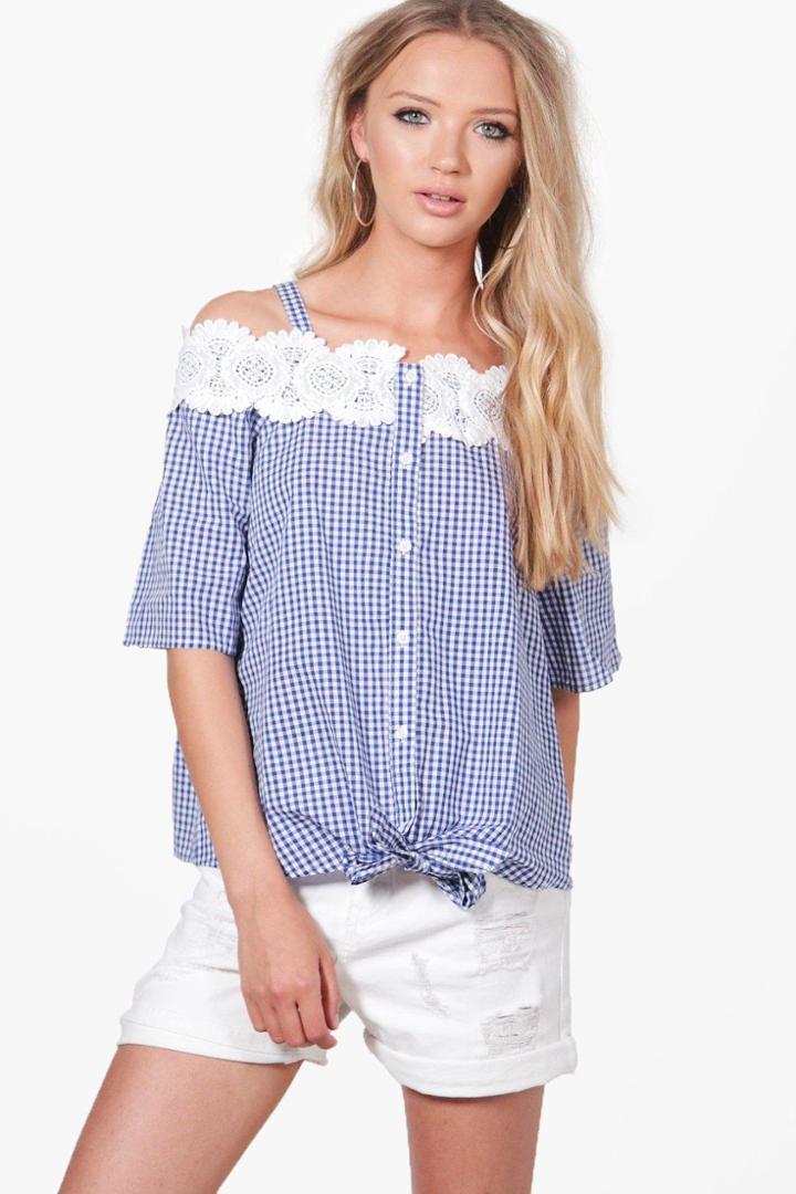 Boohoo Ava Gingham Crochet Cold Shoulder Blouse Blue