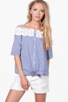 Boohoo Ava Gingham Crochet Cold Shoulder Blouse Blue