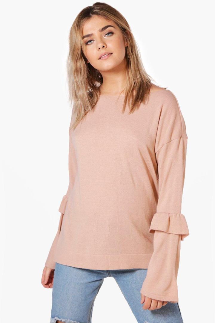 Boohoo Olivia Ruffle Sleeve Fine Knit Jumper Nude