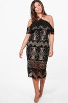 Boohoo Plus Dahlia Crochet Lace Ruffle Detail Midi Dress Black
