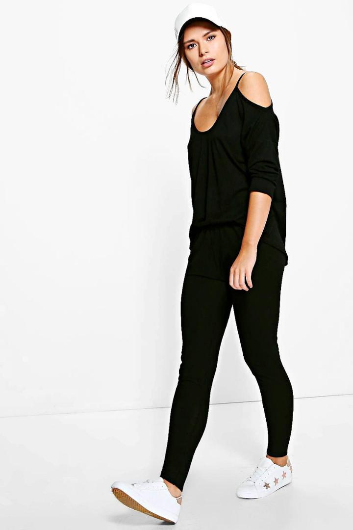 Boohoo Florence Cold Shoulder Knitted Jogger Lounge Set Black