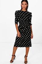 Boohoo Cindy Ruched Sleeve Sheered Spot Midi Dress