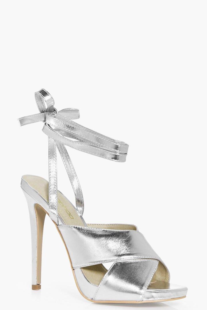 Boohoo Ivy Cross Front Wrap Strap Stiletto Heel Silver