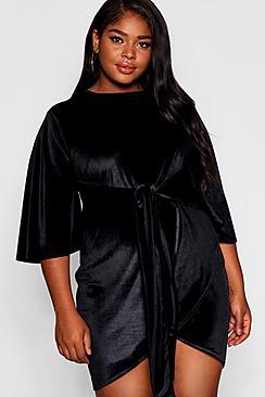 Boohoo Plus Velvet Kimono Sleeve Tie Waist Wrap Dress