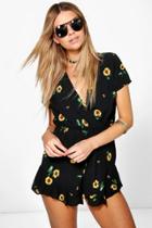 Boohoo Nia Sunflower Ruffle Playsuit Black