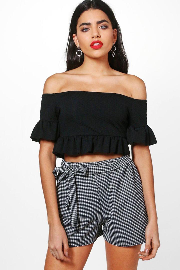 Boohoo Hayley Bardot Ruffle Crop Top Black
