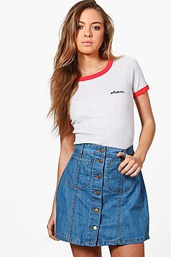 Boohoo Rose Button Through Denim Mini Skirt