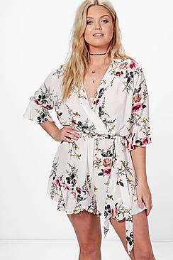 Boohoo Plus Ruffle Hem Floral Wrap Playsuit