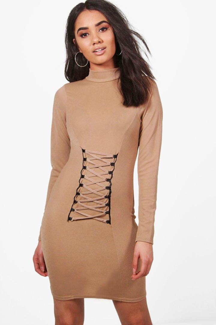 Boohoo Petite Ann Eyelet Detail Long Sleeve Bodycon Dress Sand
