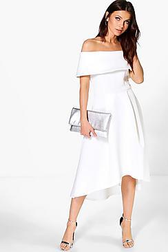 Boohoo Off The Shoulder Dip Hem Skater Dress