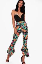 Boohoo Madeline Oriental Floral Dipped Ruffle Hem Trousers