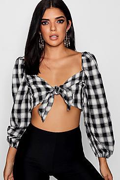 Boohoo Check Tie Front Long Sleeve Crop