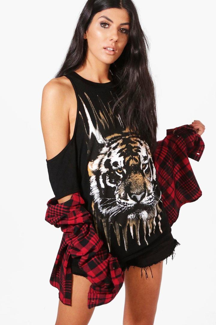 Boohoo Hollie Tiger Print Cold Shoulder Top Black