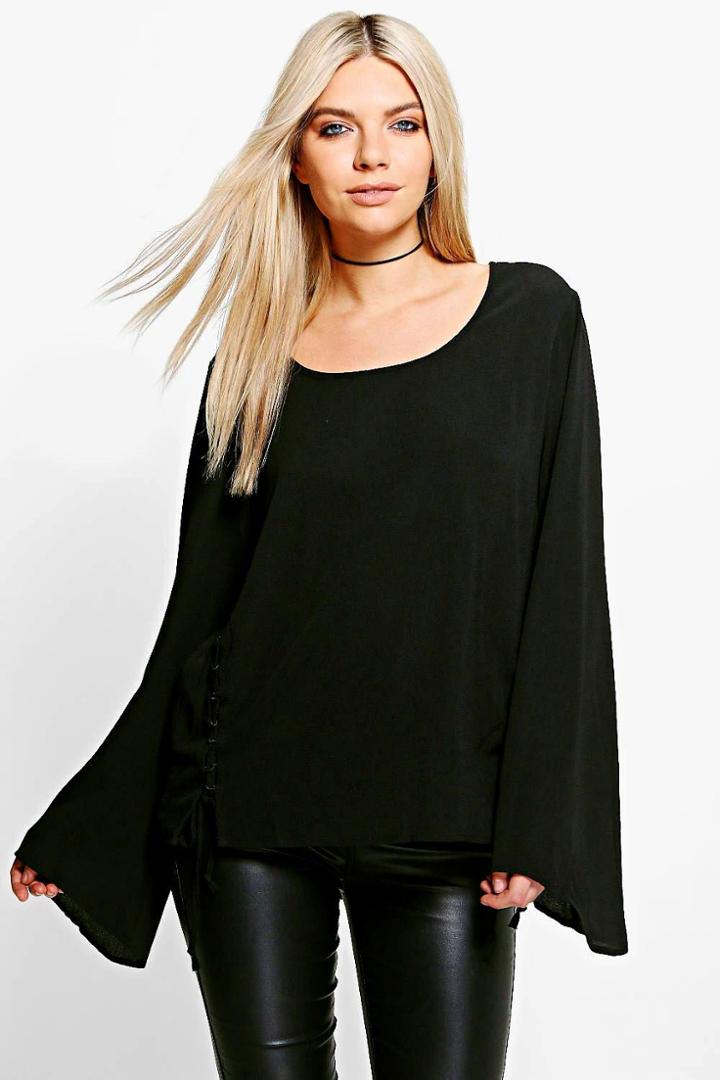 Boohoo Eliza Lace Up Woven Long Sleeve Top Black