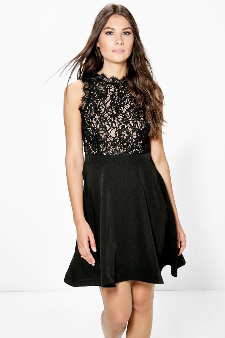 Boohoo Boutique Ray Lace Detail Top Skater Dress Black