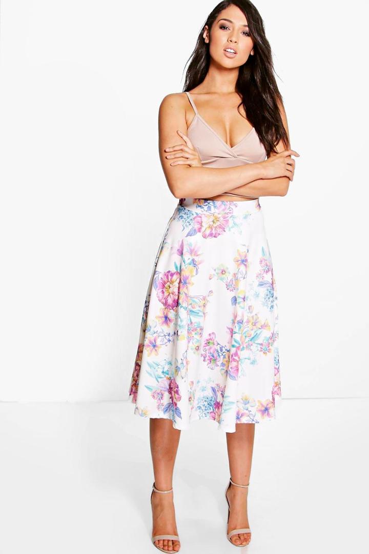 Boohoo Nori Bright Floral Full Midi Skirt Multi