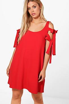 Boohoo Plus Sandy Tie Sleeve Cold Shoulder Shift Dress