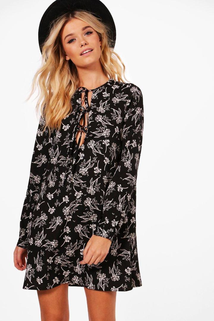 Boohoo Ashley Tie Front Floral Printed Shift Dress Multi