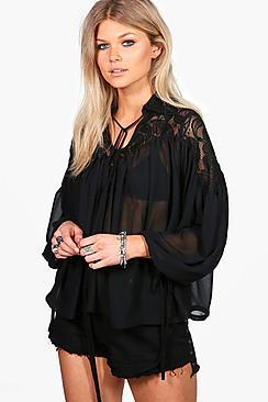 Boohoo Petite Lace Panel Tie Neck Blouse
