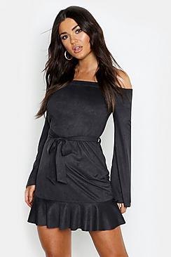 Boohoo Suedette Off The Shoulder Belted Skater Dress
