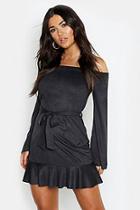 Boohoo Suedette Off The Shoulder Belted Skater Dress