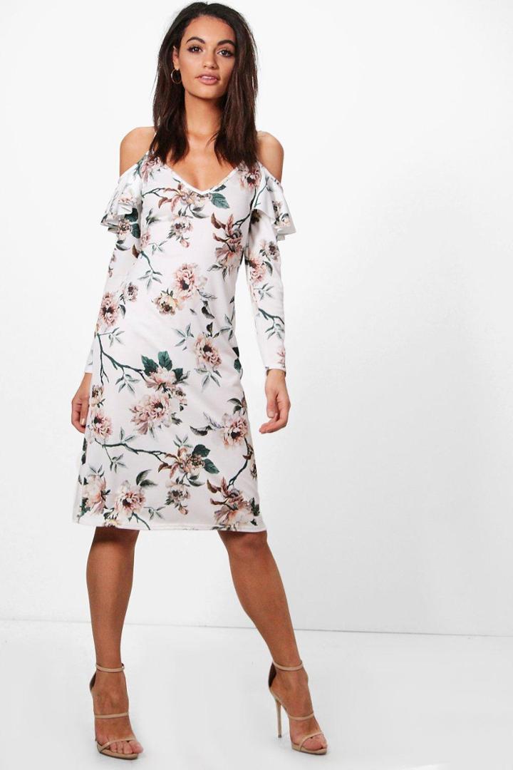 Boohoo Raquel Floral Cold Shoulder Midi Dress Ivory