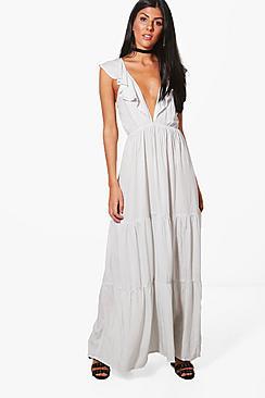 Boohoo Rosie Wrap Front Ruffle Spot Maxi Dress