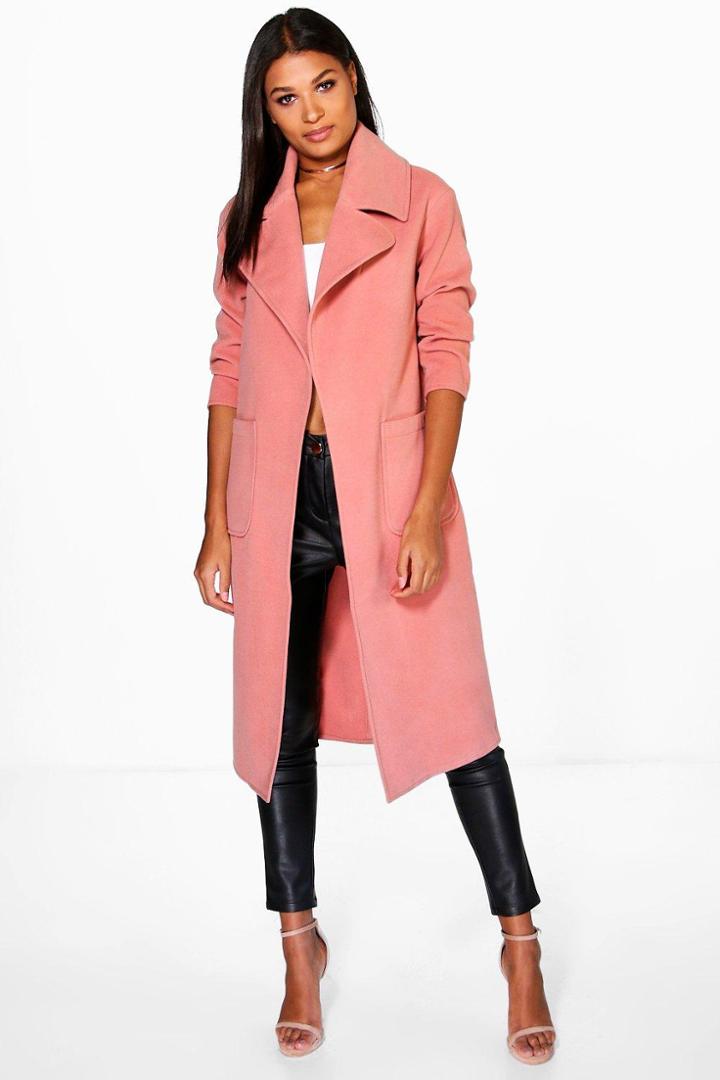 Boohoo Amber Oversized Collar Wool Look Robe Coat Rose