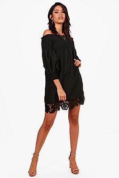 Boohoo Honor Shirred Crochet Hem Shift Dress
