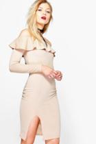 Boohoo Petite Liv Long Sleeve Ruffle Off The Shoulder Dress Stone