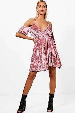 Boohoo Molly Cold Shoulder Velvet Skater Dress