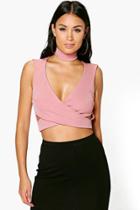Boohoo Shannon Choker Wrap Front Crop Top Rose