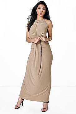 Boohoo Maya Halterneck Keyhole Rouched Maxi Dress