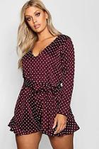 Boohoo Plus Long Sleeve Spot Print Ruffle Hem Playsuit