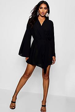 Boohoo Lucy Wide Sleeve Woven Wrap Dress